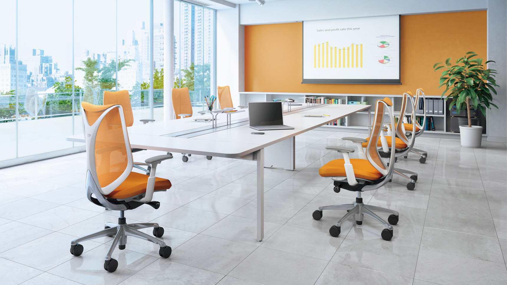 Seven Okamura Sabrina Office Chairs Orange Upholstery Grey Frame Polsihed Base Additional Lumbar Support White Grey 4-D Adjustable Arms At Desk