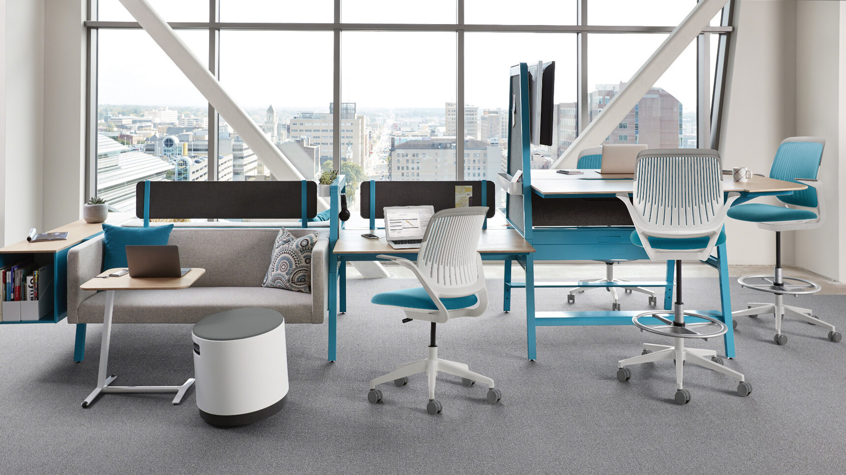 Three Steelcase Cobi Draughtsman Office Chairs With White And Grey Frame And Grey Base Fixed Arms And Blue Fabric And Cobi Office Chair With Blue Fabric At Desks In Office Environment