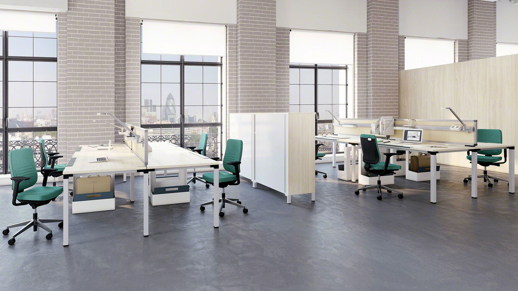 Eight Steelcase Reply Upholstered Office Chairs Grey Base Black Fixed Arms Green Seat Backrest Upholstery Black Frame At Desks Wood Finish Privacy Screens