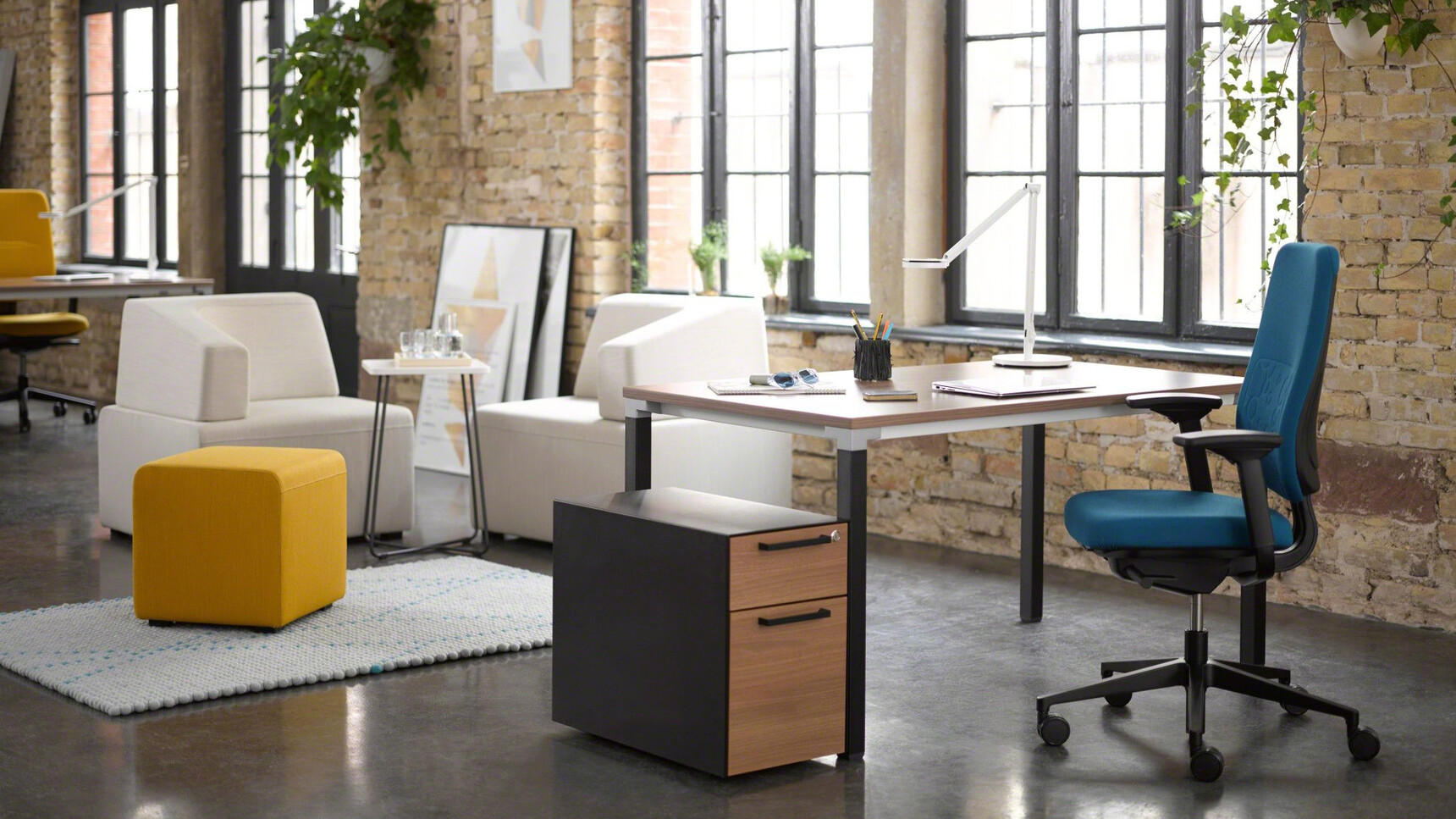 Steelcase Reply Upholstered Office Chair Black Base Black Fixed Arms Blue Upholstery Black Frame At Desk Wood Finish Pedestal Wood Finish