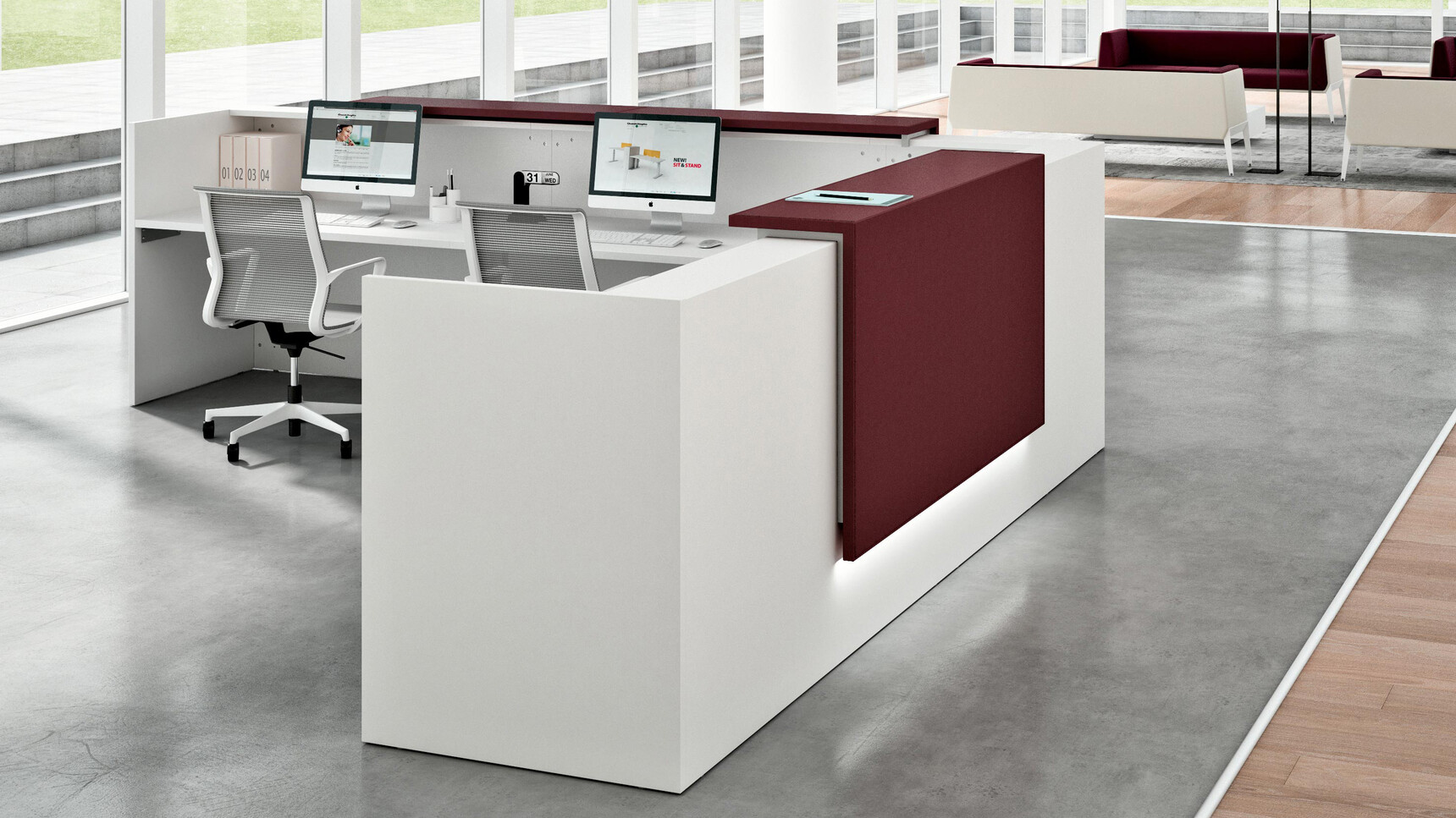 Quadrifoglio Z2 Reception Counter With White Finish And Two Dark Red Side Panes And Two Quadrifoglio Chairs In Grey Upholstery And White Frame And Armrest And White Base On Castors In Reception Area