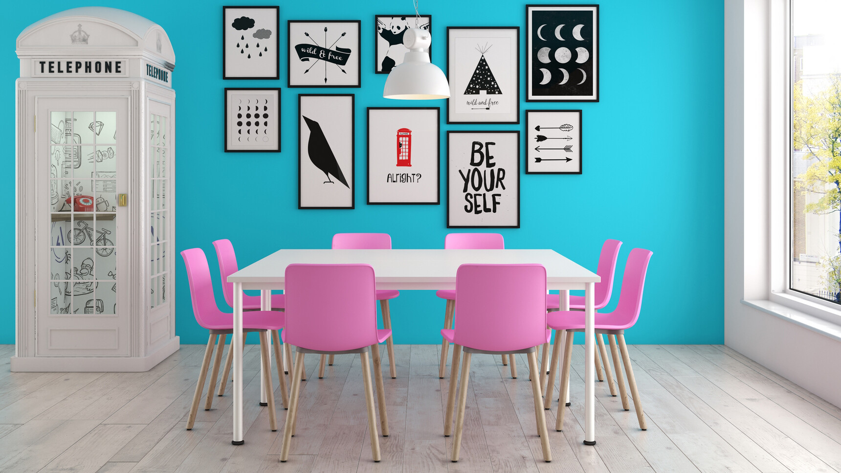 Eight Elite Ben Chairs With Pink Plastic Seat And Backrest With Wood Leg Base Finish At Matrix Meeting Table With White Finish And White Legs