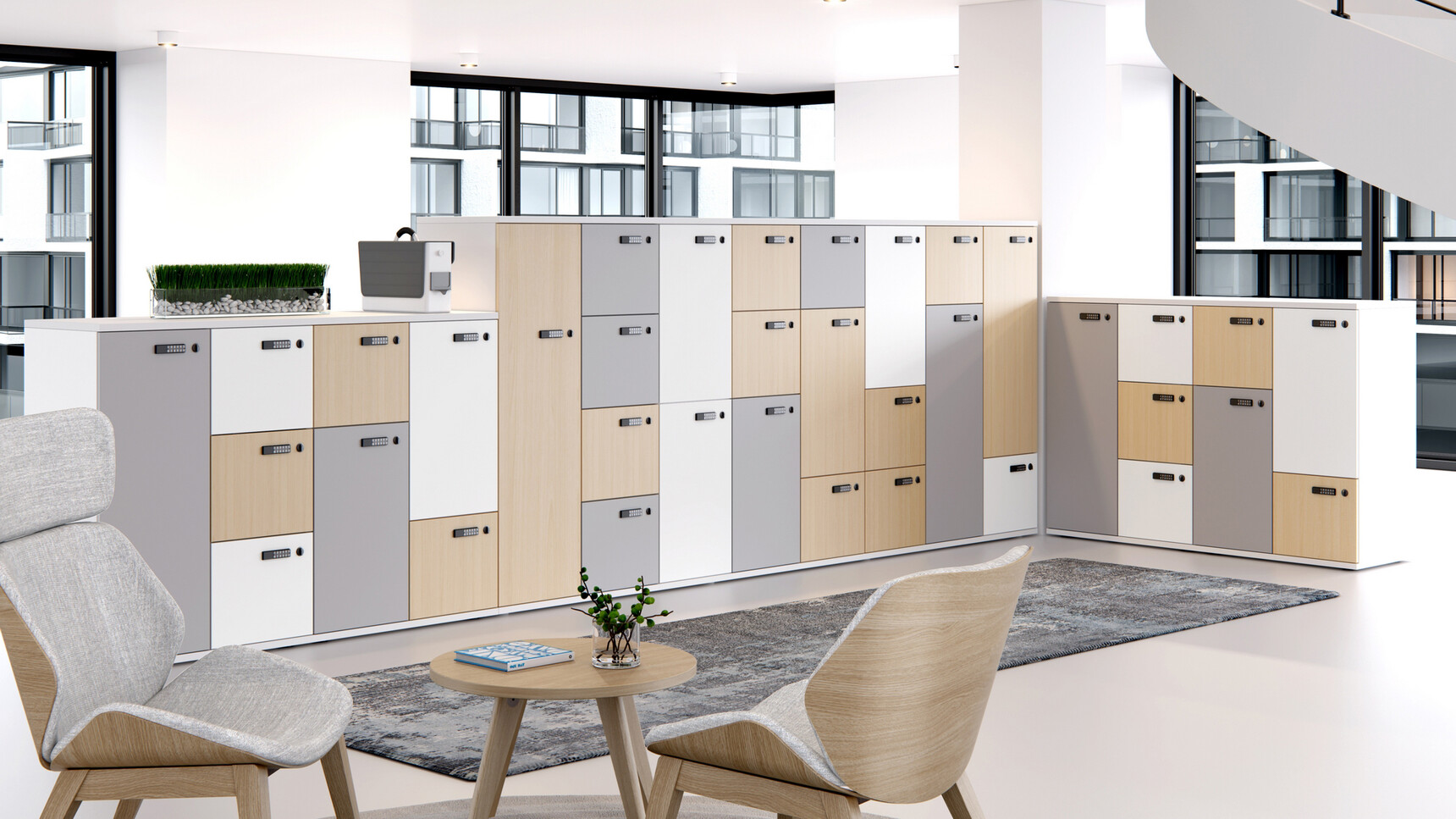 Various Elite Locker Units At 1465mm And 1115mm Heights With Mixed Finishes Of Grey White And Wood In Office Environment