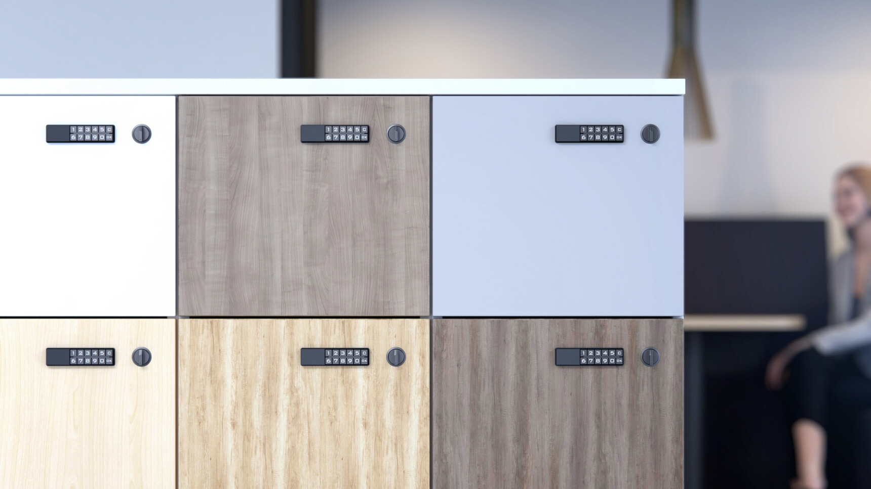 Close Up Image Showing Six Locker Doors In Blue White And Four Wood Finishes In Office Environment