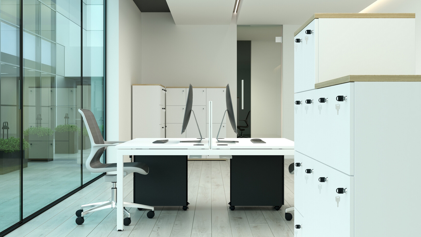 Various Elite Locker Units At 1465mm And 1115mm Heights With White Finish And Wood Table Top In Office Environment With Two Tempo Mesh Five Star Base Office Chair At Elite Desk With Two Black Pedestals