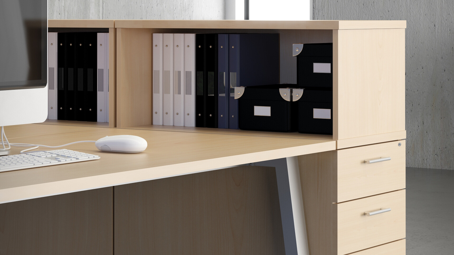 Two Elite Open Fronted Pedestal Storage Units With Wood Finish On Two Three Standard Drawer Desk High Pedestals With Wood Finish At Elite Desk With Wood Finish In Office Environment