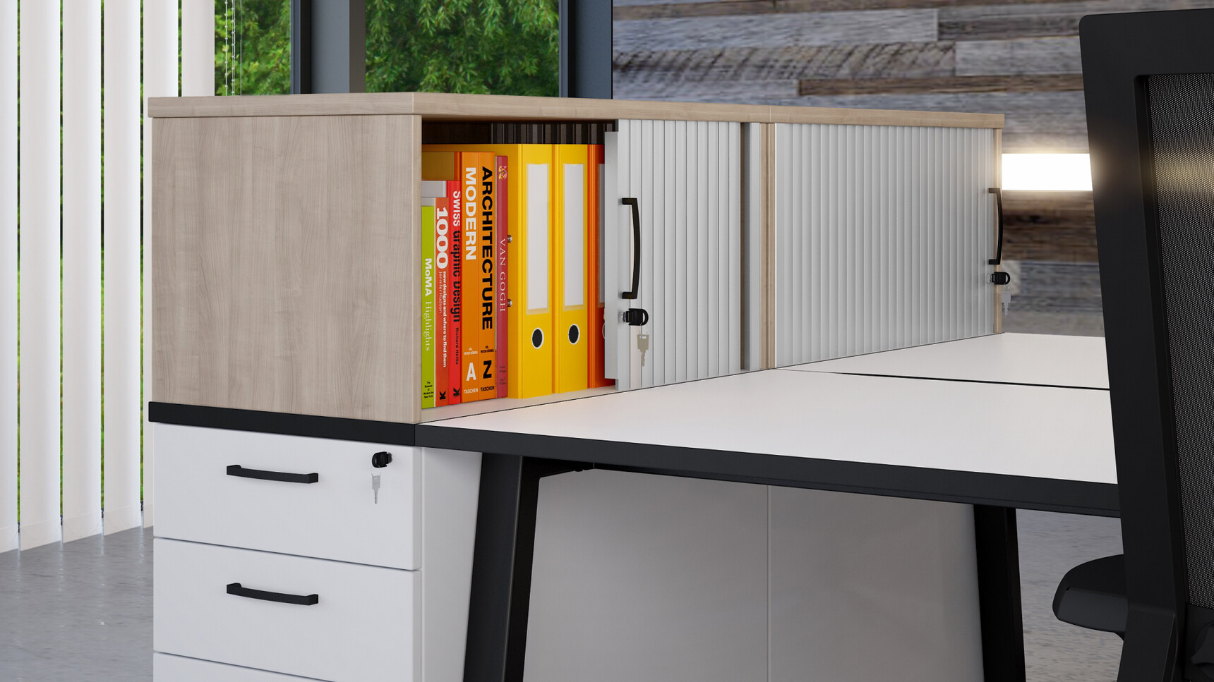 Two Elite Tambour Fronted Pedestal Storage Units With Wood MFC Finish On Two Elite Pedestals With White Finish