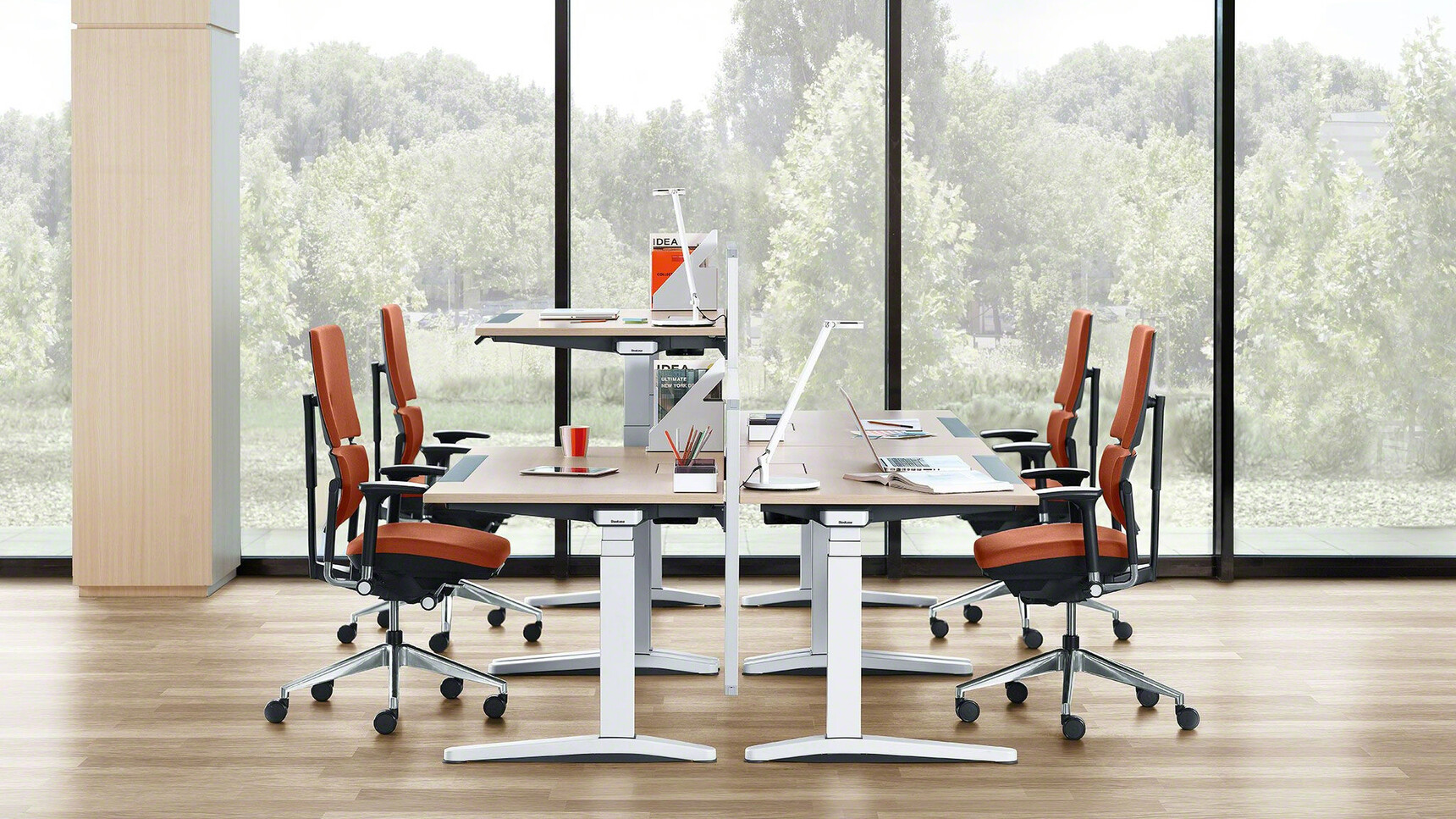 Four Steelcase Ology Height Adjustable Desks With Active Touch With Please Office Chairs At Desks In Orange Upholstery