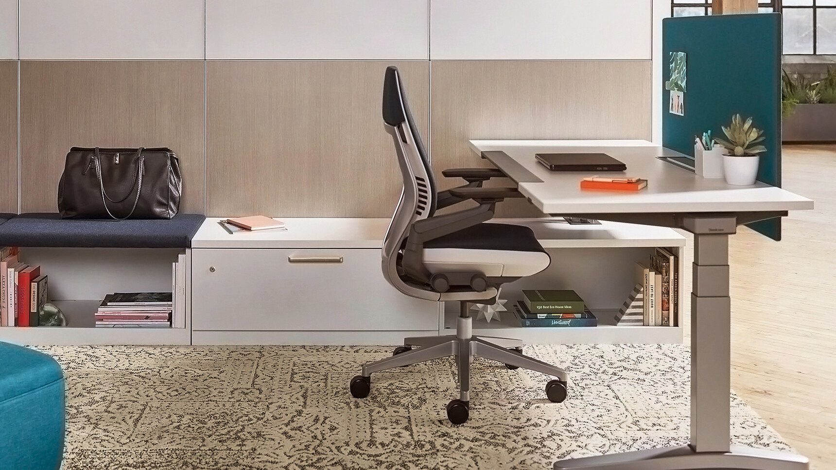 Steelcase Ology Adjustable Desk With Simple Touch With White Table Top And Gesture Wrapped Back Office Chair At Desk