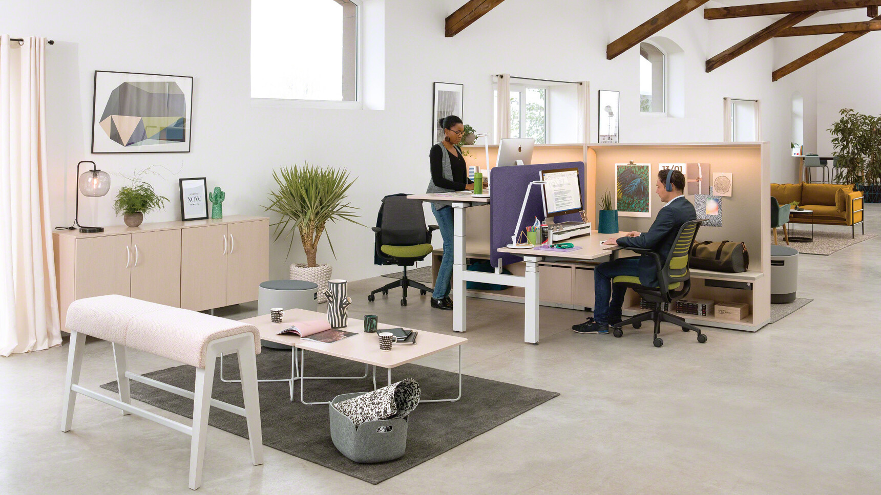Steelcase Ology Height Adjustable Bench Desk With Active Touch With Wood Table Tops And White Legs In Use And With B-Free Beam Bench