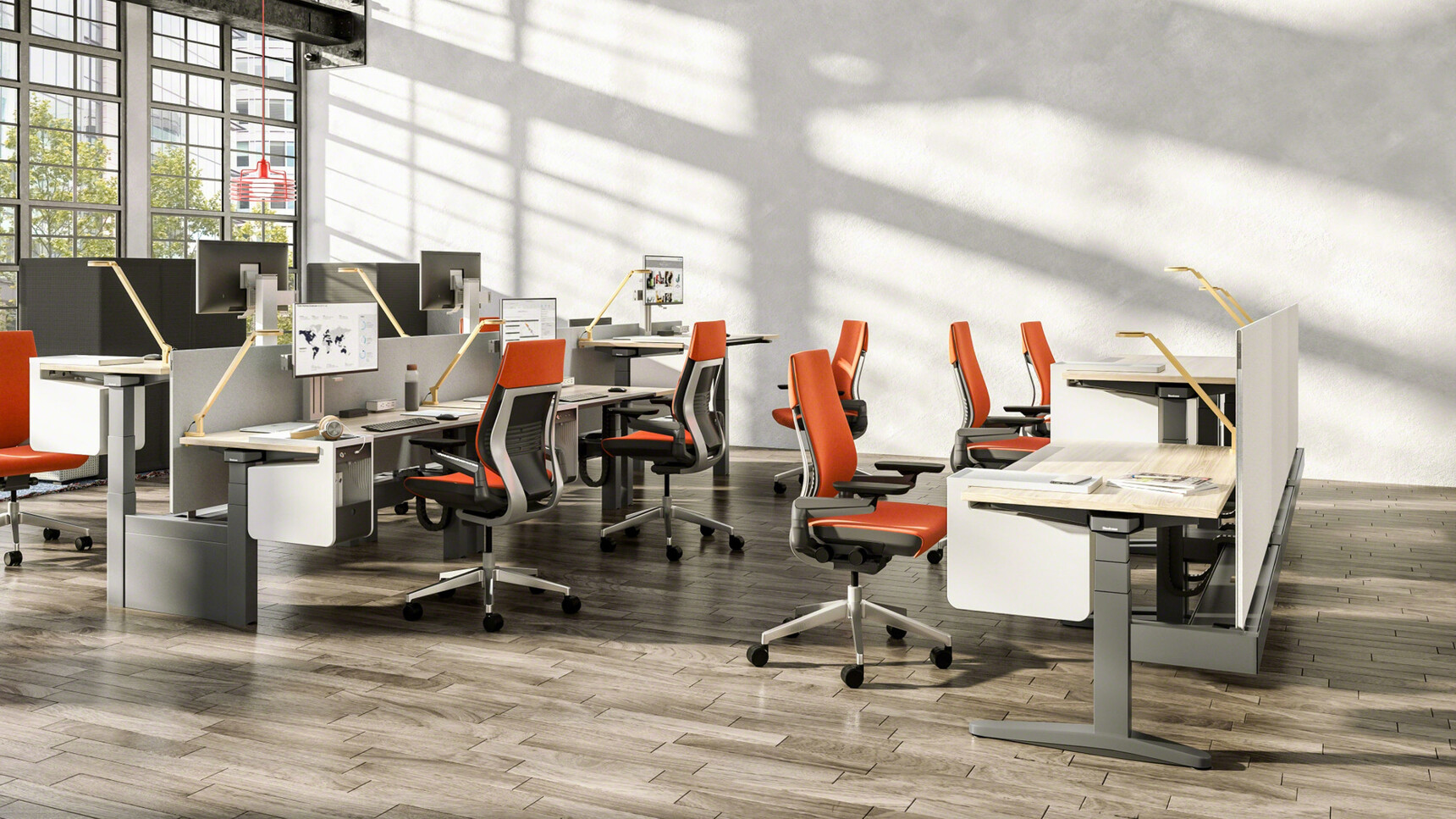Two Steelcase Ology Height Adjustable Bench Desks With Simple Touch And Two Steelcase Ology Height Adjustable Desks With Wooden Table Tops And Black Legs