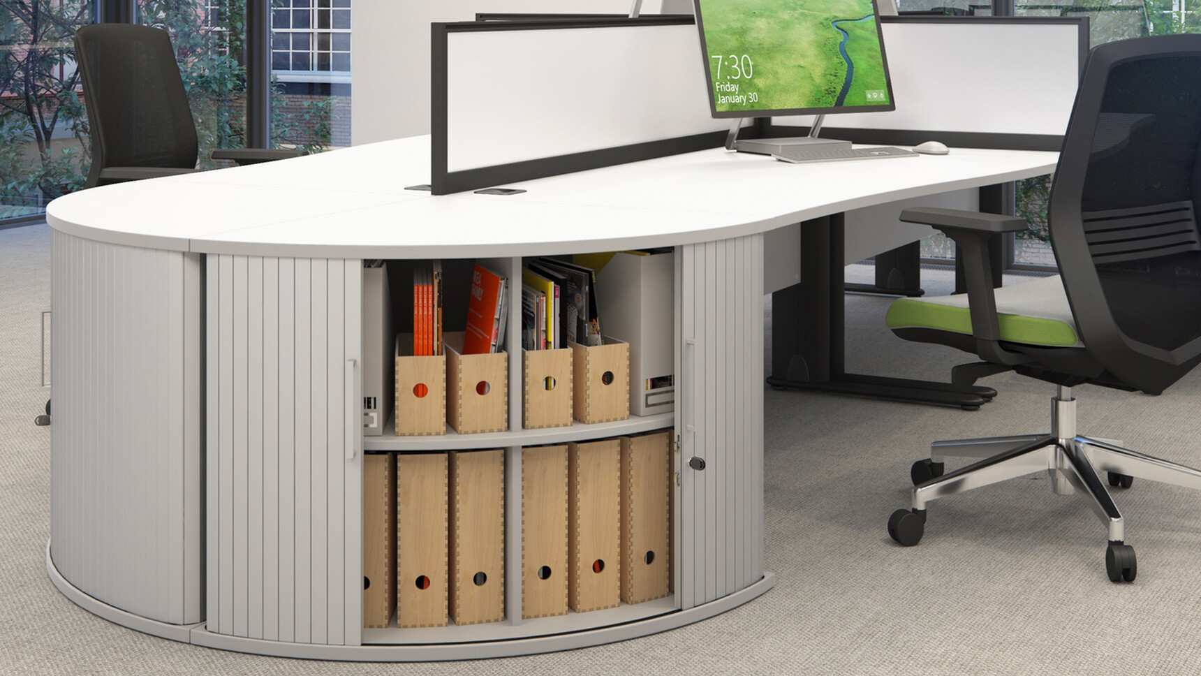 Two Elite 90 Degree Desks High Storage Unit with Tambour Doors With Grey Finish One Open With Four Shelves Shelves Inside Fixed Desk With Vida Mesh Back Office Chair In Green Upholstery In Office Environment