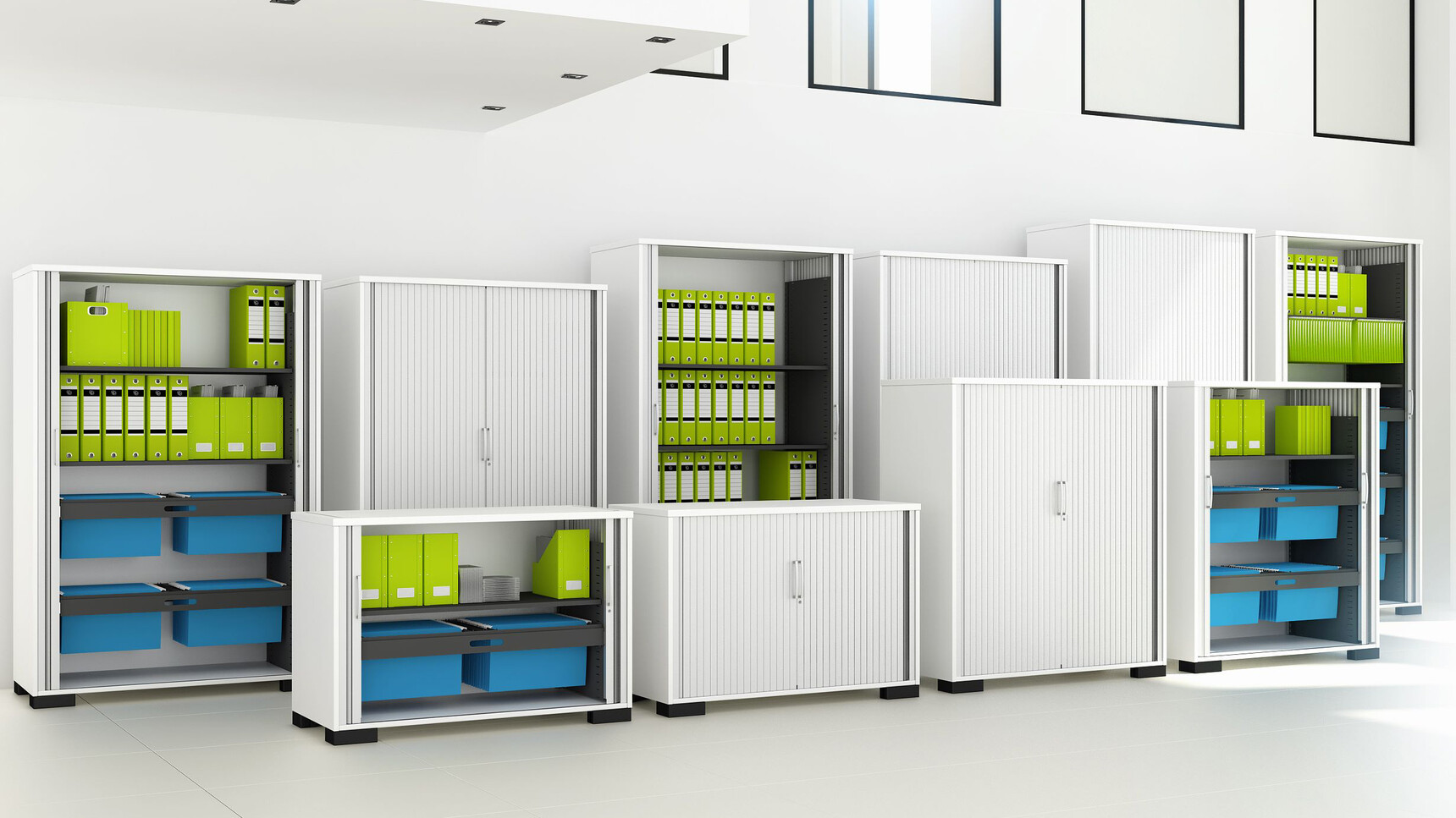 Ten Tambour System Storage Cupboards With Five Doors Open Showing Filing Cabinets And Folders Storage Options And Five Closed In A Large White Room