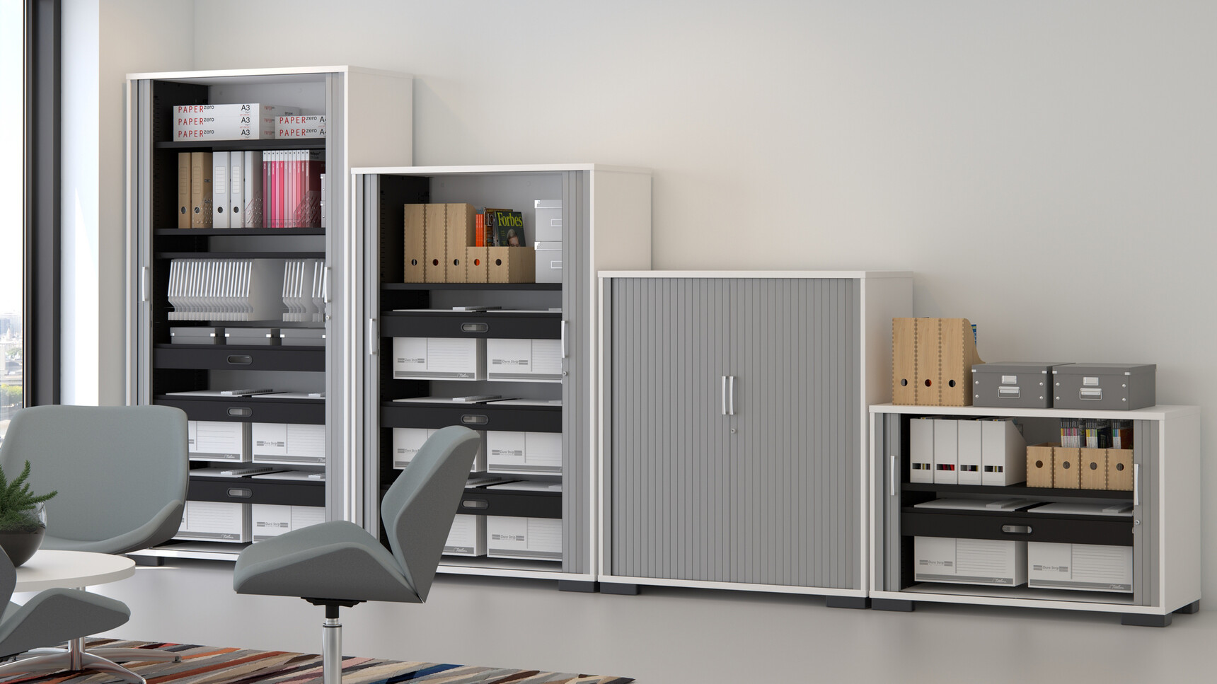 Four Tambour System Storage Cupboards With Three Open Showing Filing Cabinets And Folders Storage Options And One Closed In Office Environment