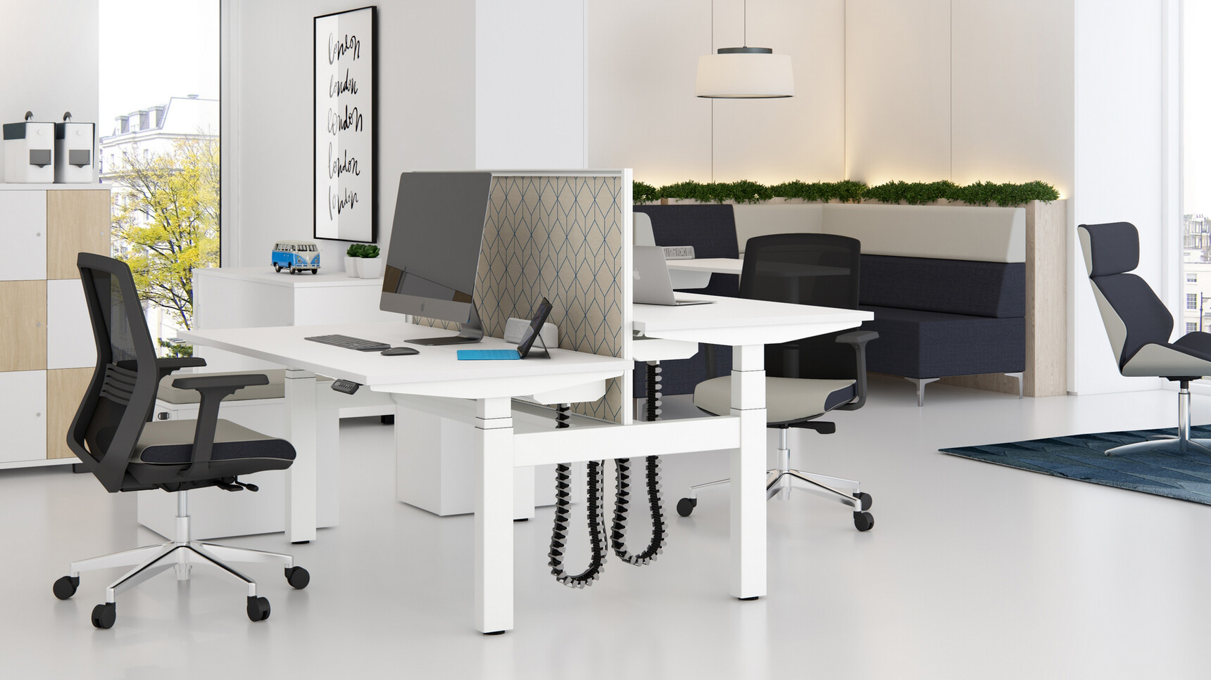 Elite Progress Plus Electric Height Adjustable Bench Desk White Finish Light Brown Privacy Screen Two Vida Mesh Back Two Pedestals