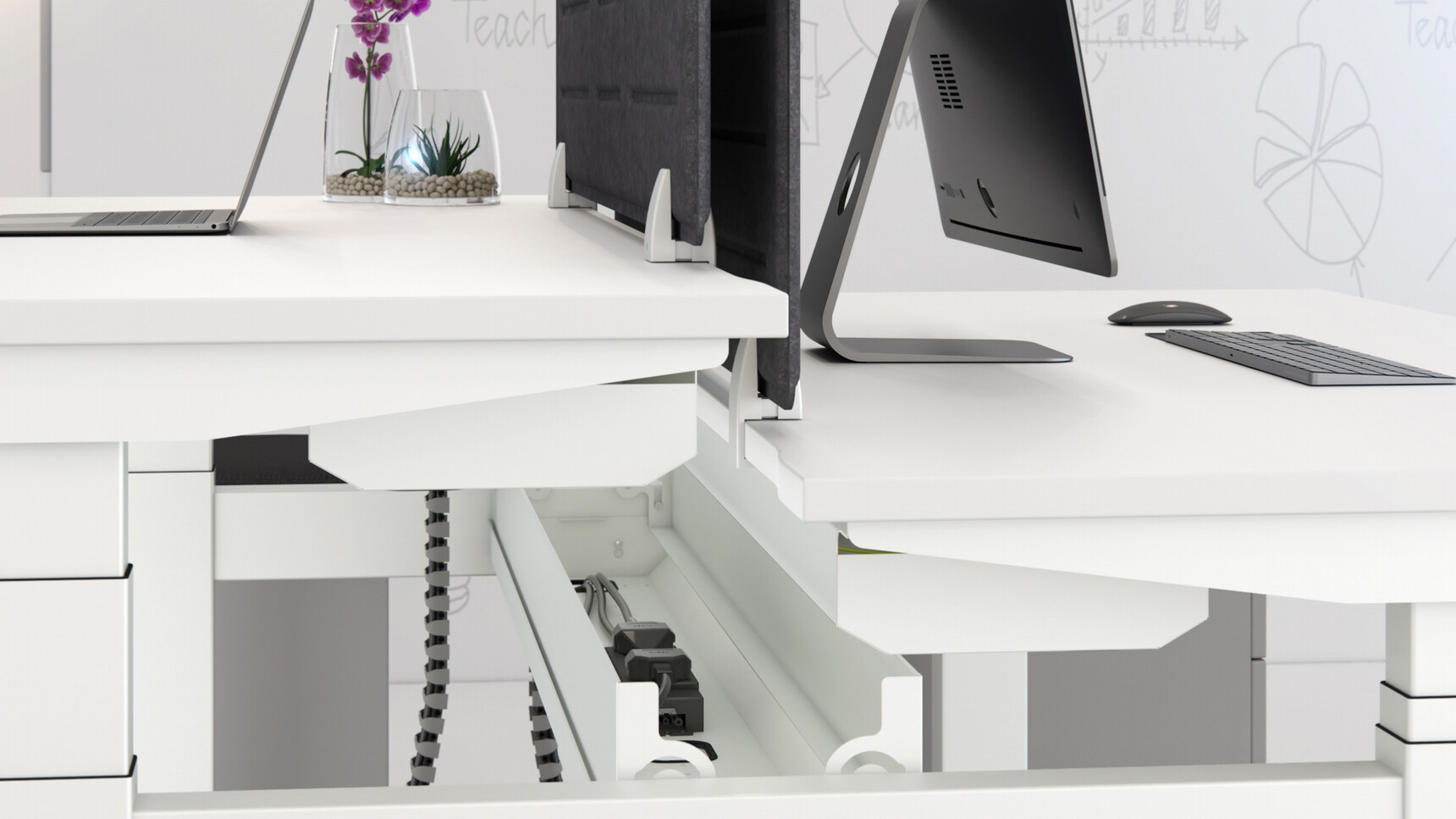 Elite Progress Plus Electric Height Adjustable Bench Desk With White Table Top And Leg Finish With Grey Privacy Screen Close Up Showing Cable Tray