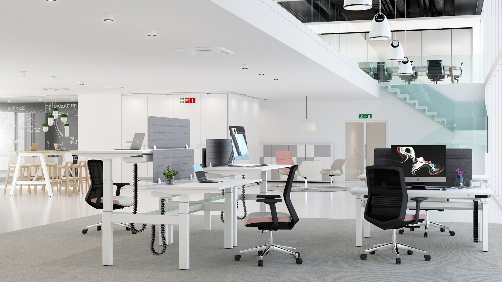 Four Elite Progress Plus Electric Height Adjustable Bench Desks White Finish Five Grey Privacy Screens Four Vida Mesh Back Black White Upholstery