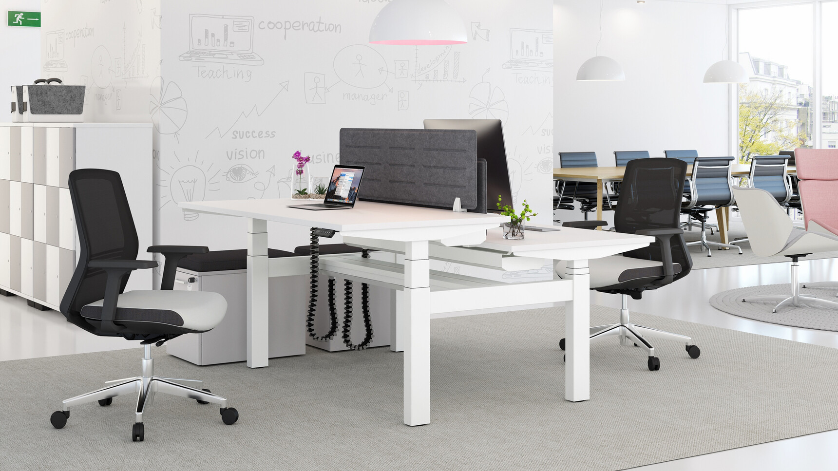 Elite Progress Plus Electric Height Adjustable Bench Desk White Finish Grey Privacy Screen Two Vida Mesh Back White Upholstery Two Pedestals