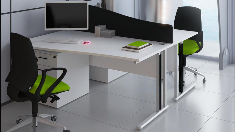 Two Elite Flexi Single Wave Desks White Finish Three Standard Drawer Mobile Pedestal White Finish Elite Chairs Green Upholstery