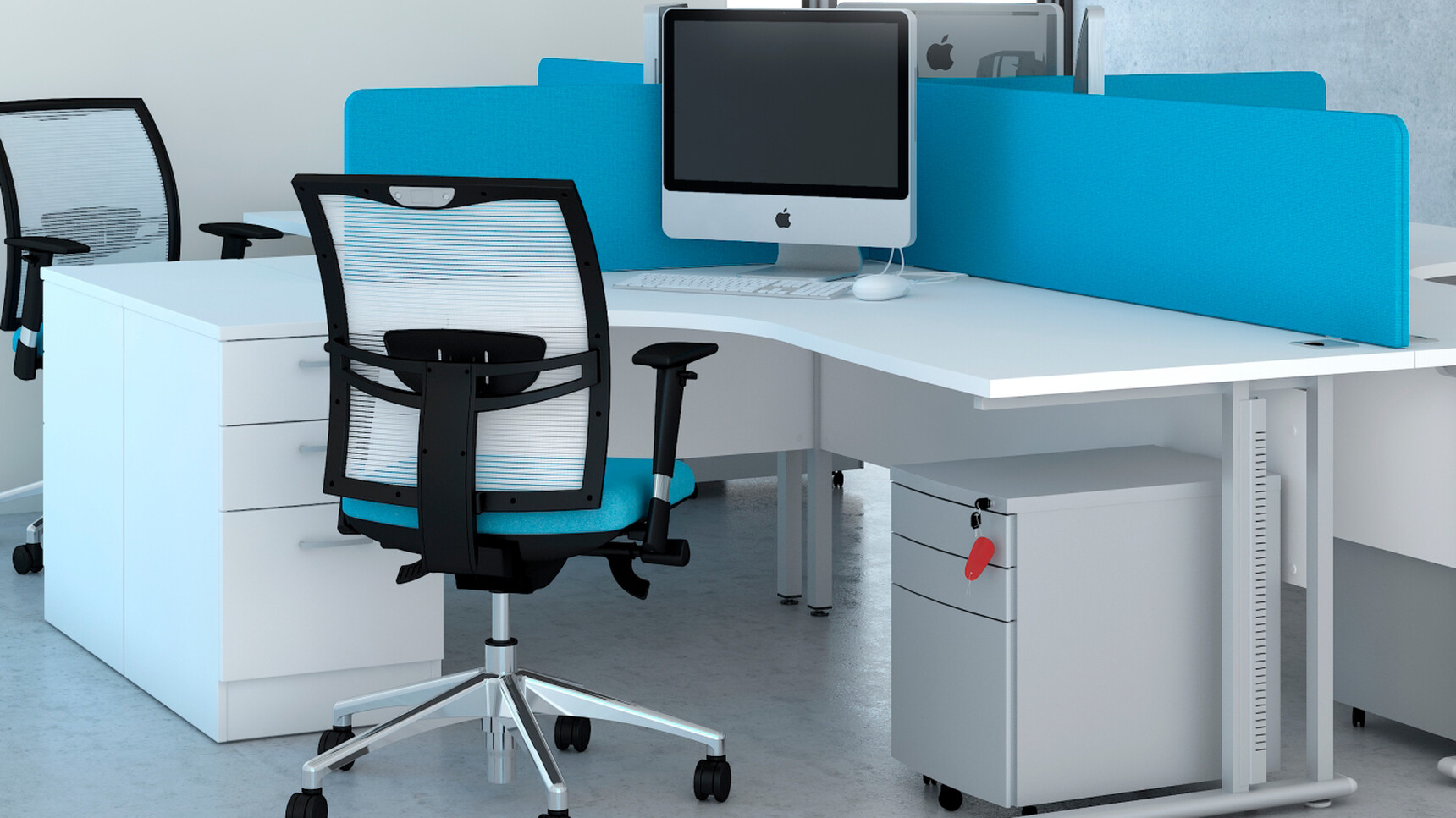 Three Elite Flexi Crescent Workstations White Grey Silver Leg Finishes Three Standard Drawer Mobile Pedestal White Finish Three Drawer Narrow Steel Flat Fronted Mobile Pedestal Silver Finish