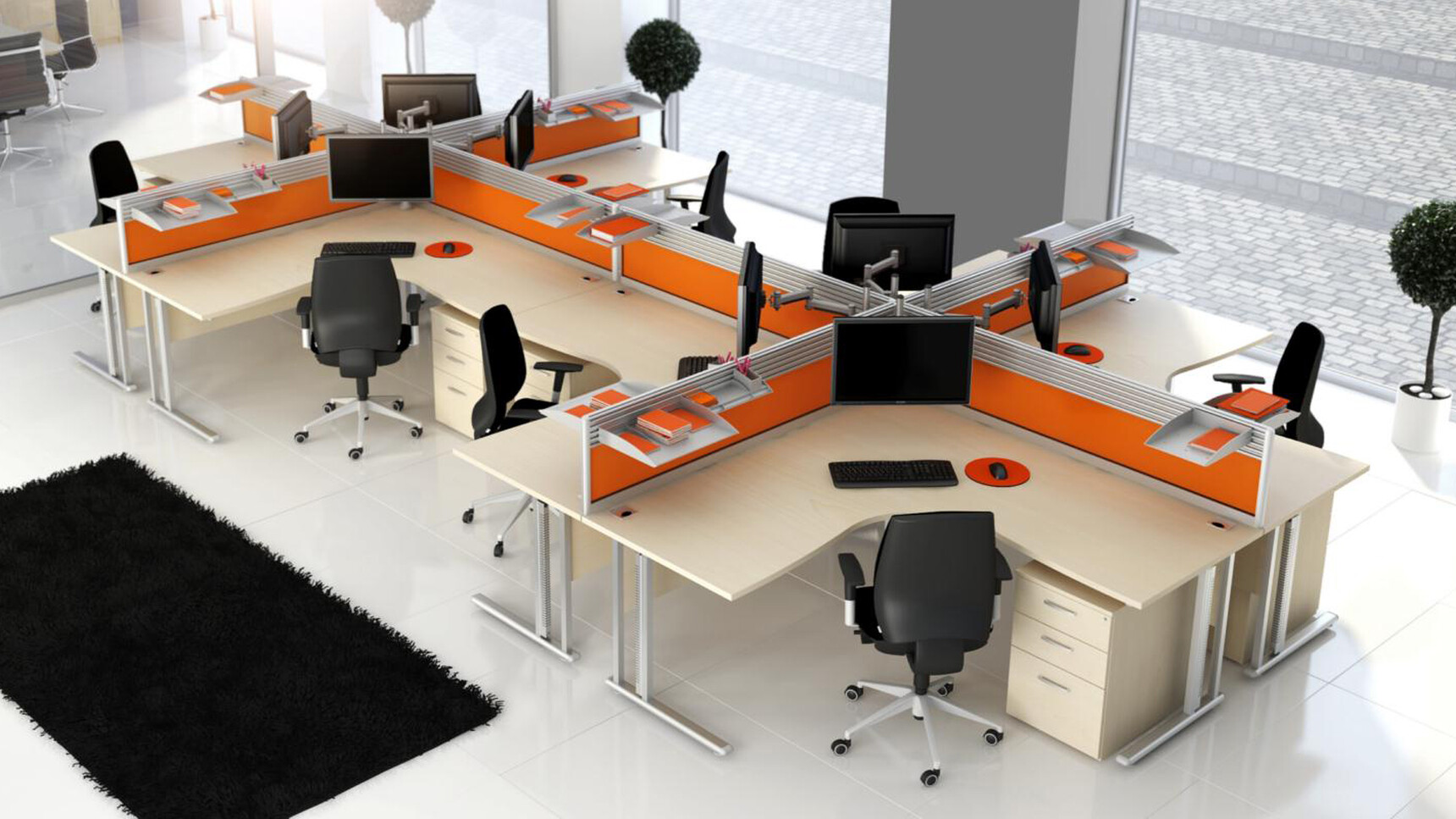 Eight Elite Flexi Crescent Symmetrical Workstations Wood Silver Legs Finish Three Standard Drawer Mobile Pedestals Wood Finish Eight Elite Black Upholstered Chairs