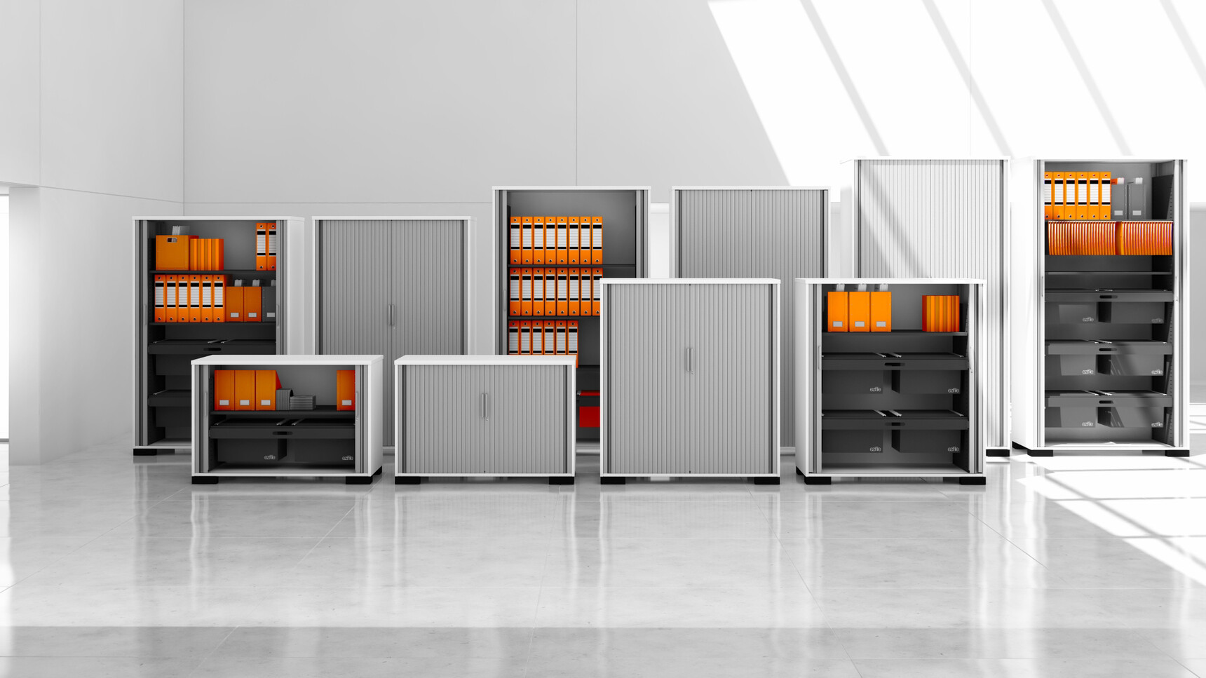 Ten Tambour System Storage Units Lined Up Five With Doors Open Five Closed In A Large White Room