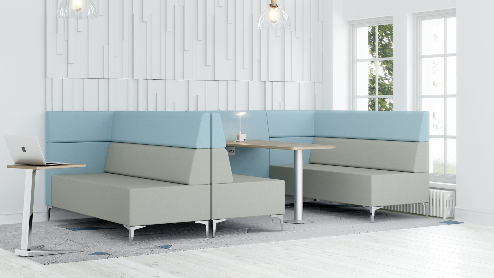 Elite Nova Trapezium Laptop Table With Wood Table Top Finish And Chrome Base At Elite Sofas With Blue And Grey Upholstery