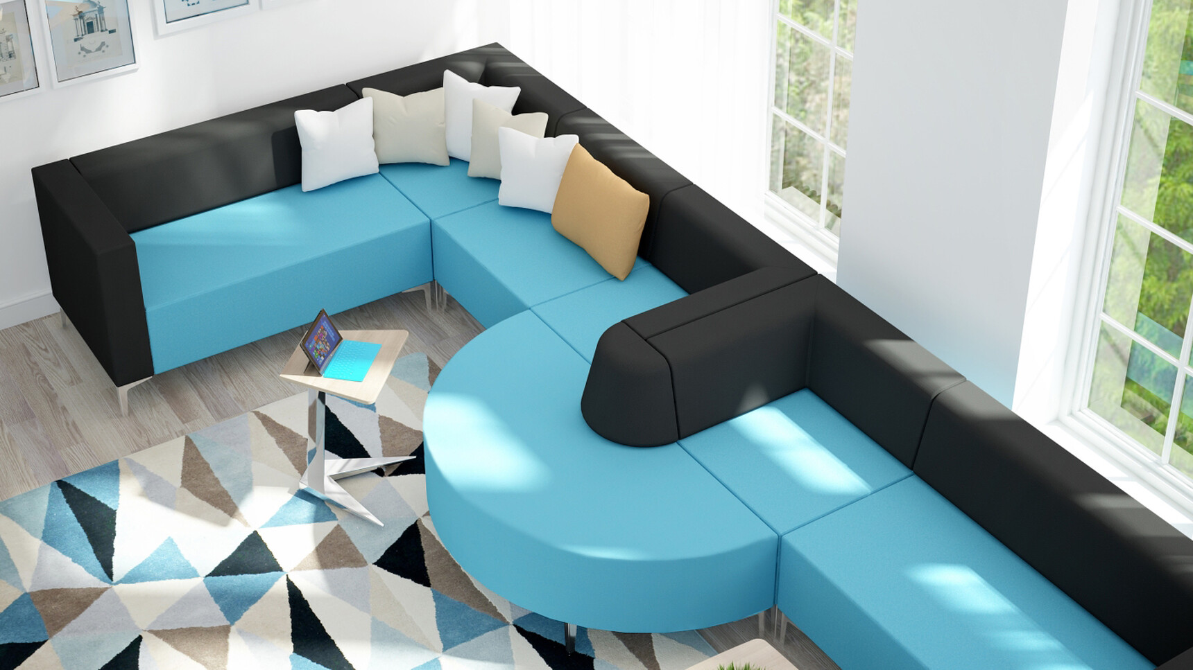 Elite Nova Trapezium Laptop Table With Wood Table Top Finish And Chrome Base At Elite Sofas With Blue And Black Upholstery