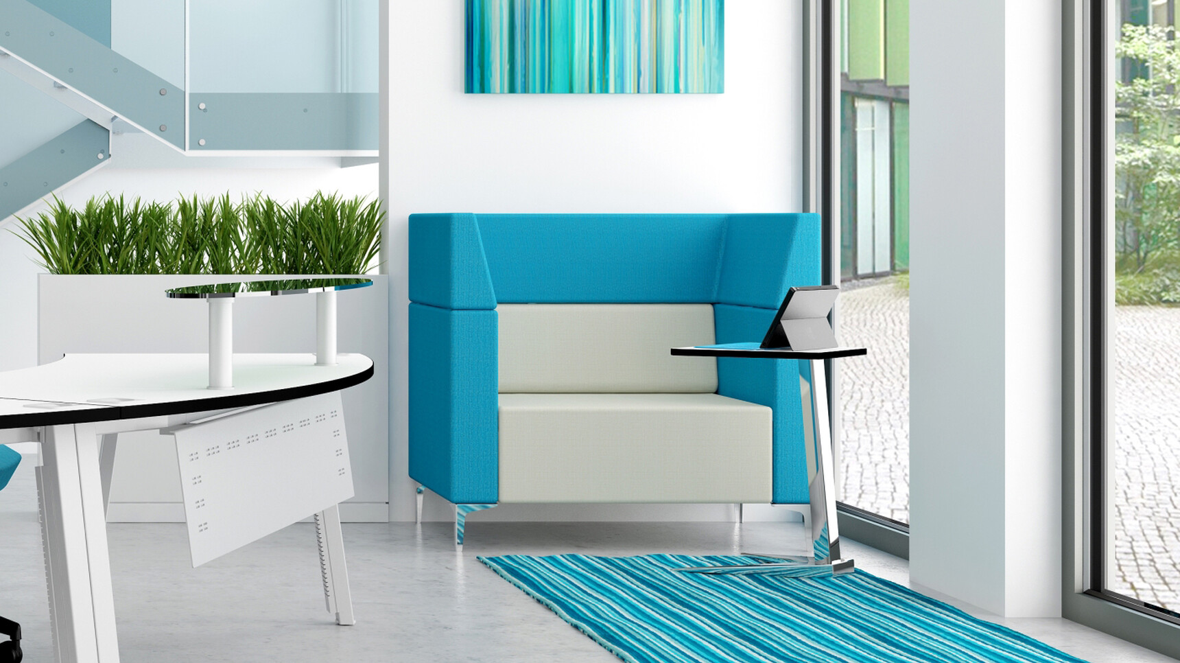 Elite Nova Trapezium Laptop Table Wood Top Chrome Base Two Linnea Radius Reception Desks White Top White Metal Leg Finish Modesty Panel Glass Shelf