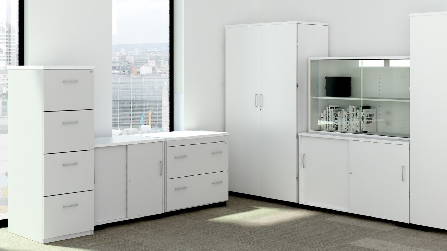 Elite Desk High Storage Unit 400mm Deep With Four Drawer Filing Cabinet And Two Storage Cupboard 500mm Deep And Two Desk High Storage Unit 500mm Deep And Side Filing Unit All With White Finish