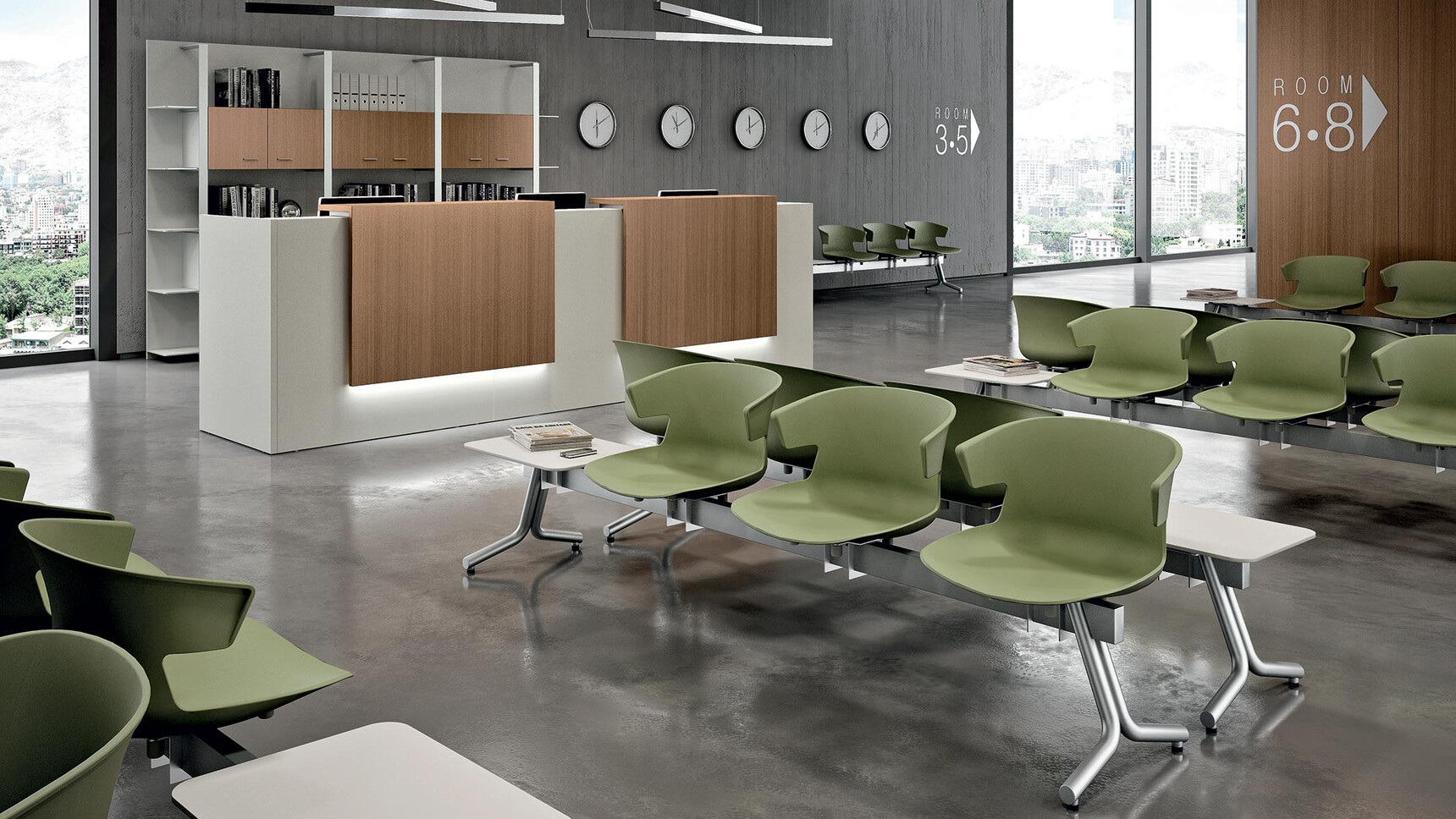 Quadrifoglio Z2 Reception Counter With White Finish And Two Wood Side Panels And Fifteen Quadrifoglio Chairs In In Green Upholstery