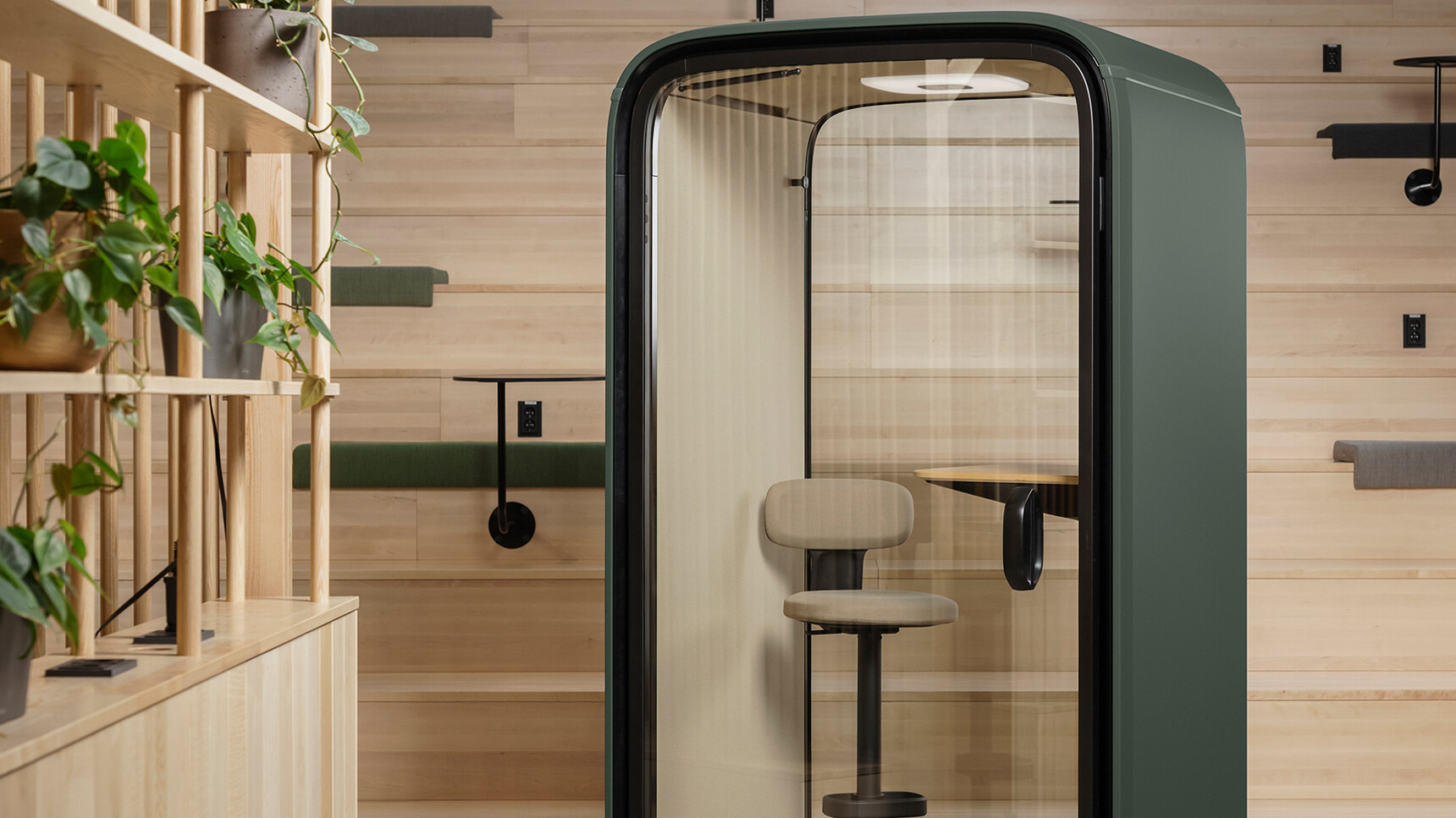 Framery One Meeting Pod In Dark Green Finish In Office Setting