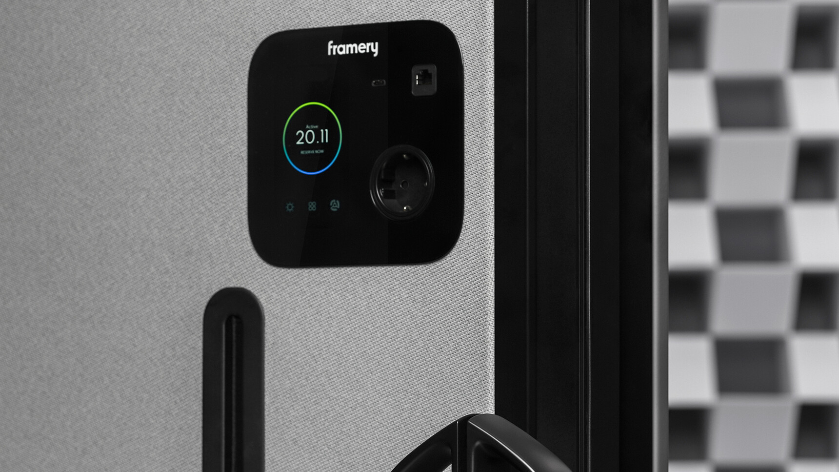 Framery One Meeting Pod Detail Image Showing Door Handle And Dial