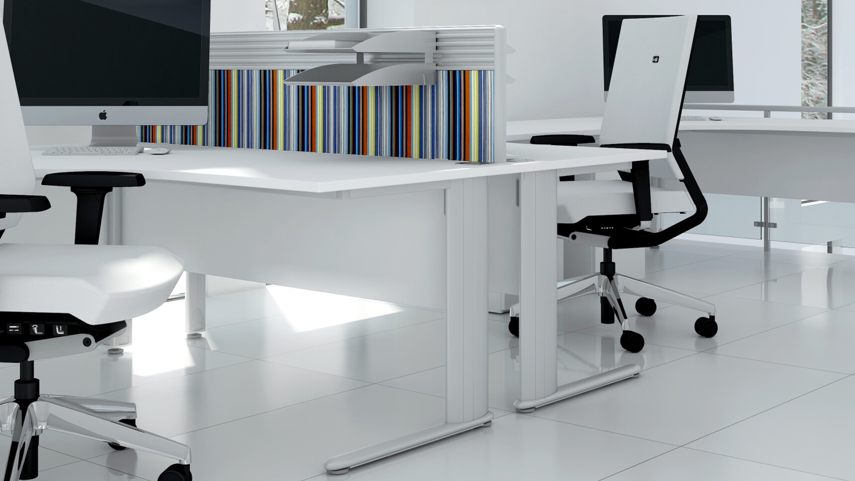 Three Elite Optima Plus Rectangular Desks White Finish Silver Metal Leg Finish Privacy Screen Two Elite White Upholstery At Desk