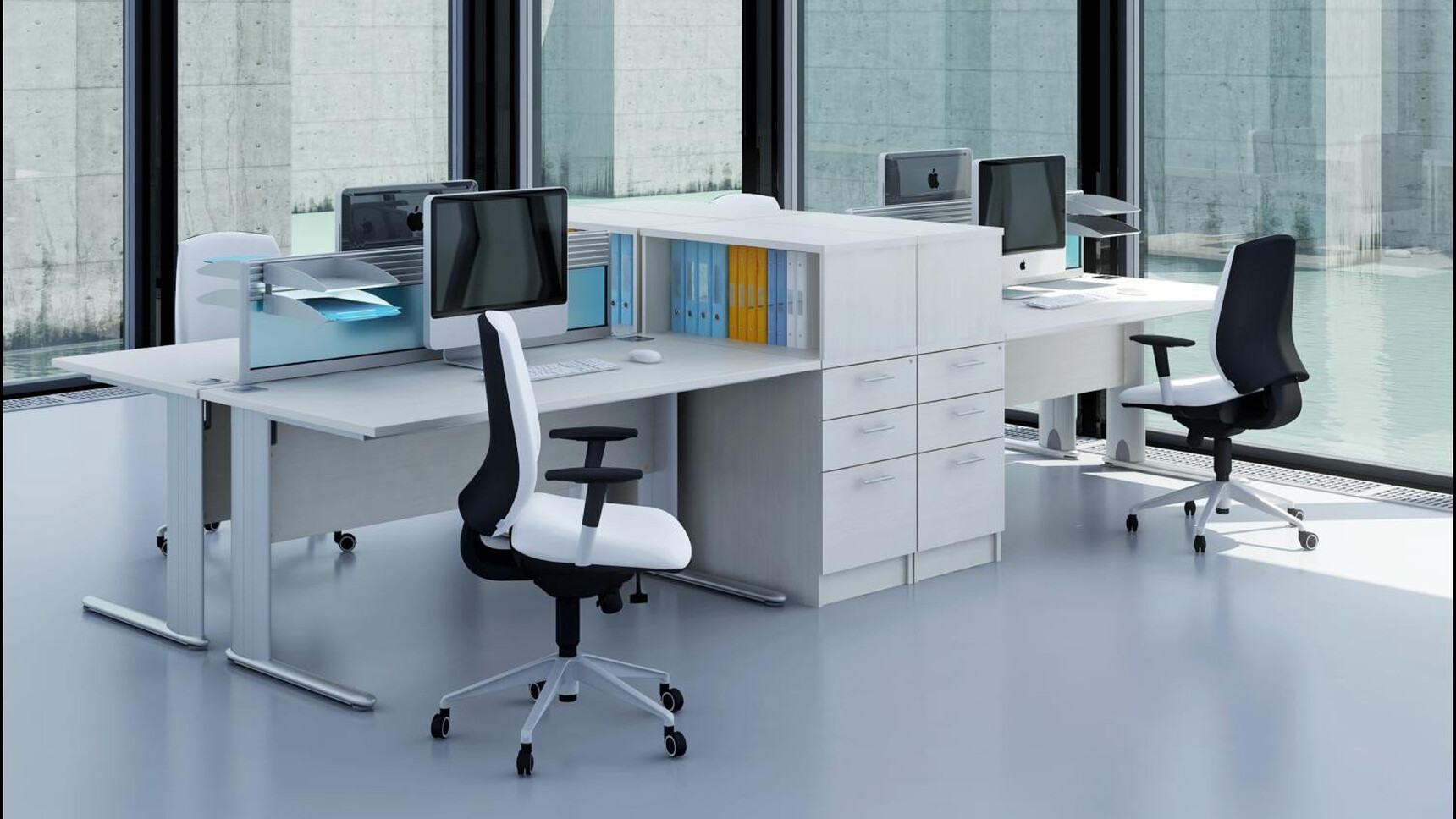 Four Elite Optima Plus Rectangular Desks White Top Silver Metal Leg Finish Three Standard Drawer Desk High Pedestals Open Fronted Pedestal Storage Units Four Elite Chairs