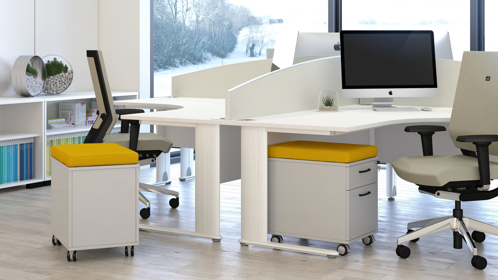 Four Elite Optima Plus Crescent Workstations With White Table Top Finish And White Metal Leg Finish With Two Two Drawer Low Mobile Pedestals with Yellow Upholstered Seat Pads on Castors With Two Office Chairs