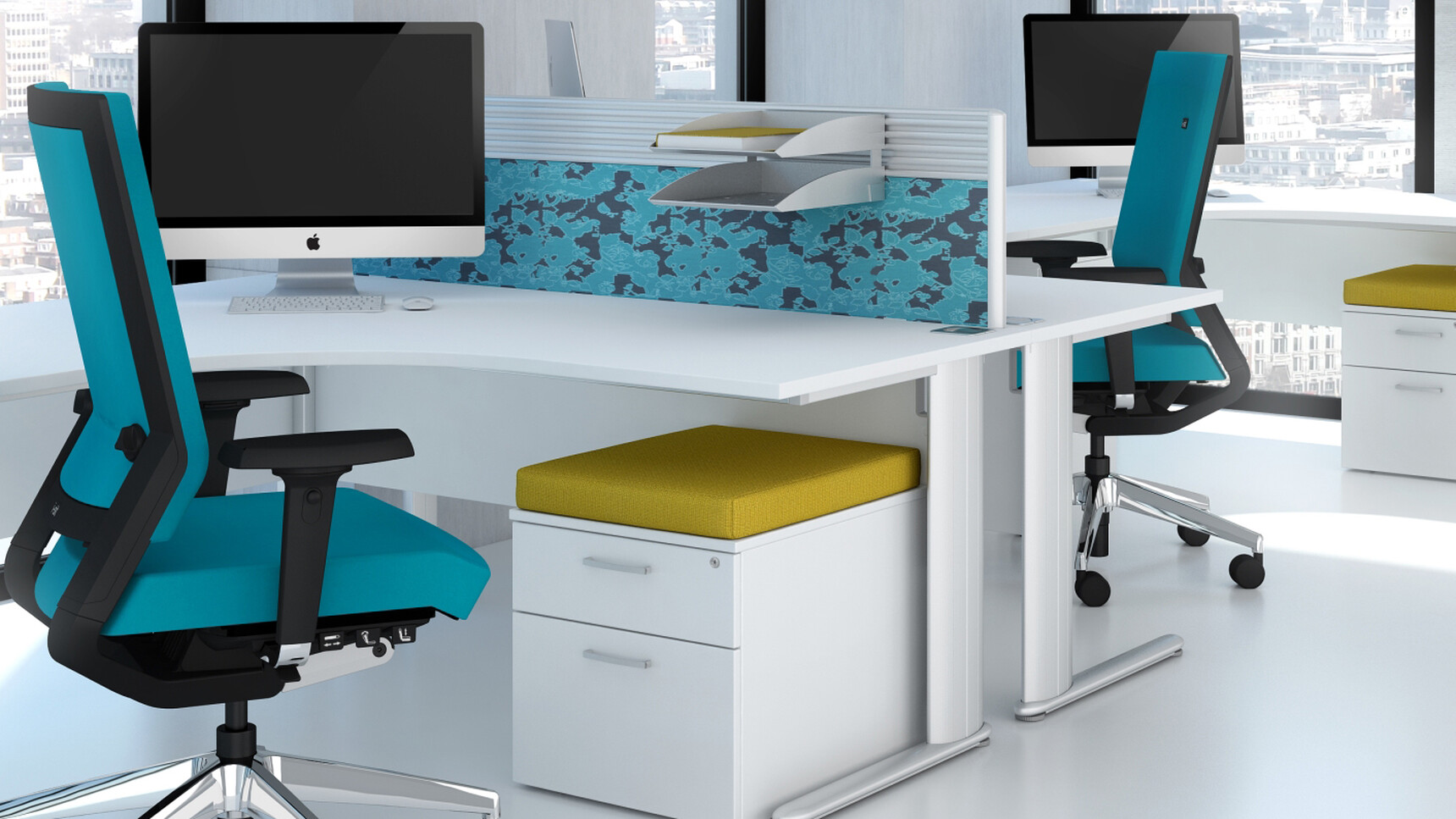 Three Elite Optima Plus Crescent Workstations With White Table Top Finish And White Metal Leg Finish With Two Two Drawer Low Mobile Pedestals with Yellow Upholstered Seat Pads With Two Elite Office Chairs At Desks
