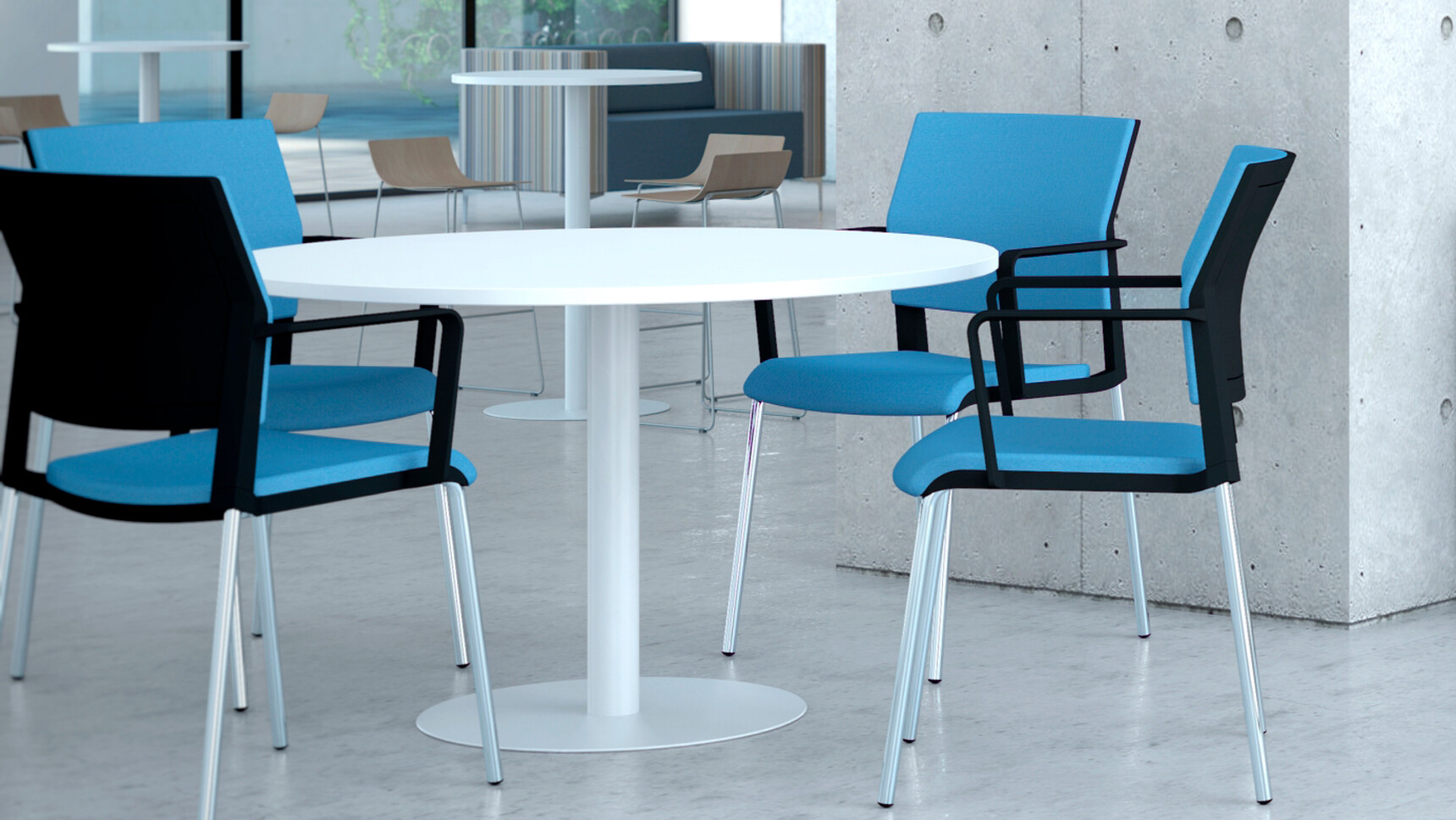 Elite Circular Meeting Table with Round 470mm Base With White Finish With Four Blue And Black Upholstered Chairs