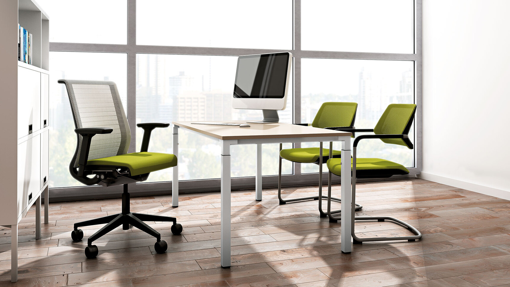 Steelcase Kalidro Fixed Height Desk With Wood Finish Table Top And White Leg Finish And Three Chairs At Desk