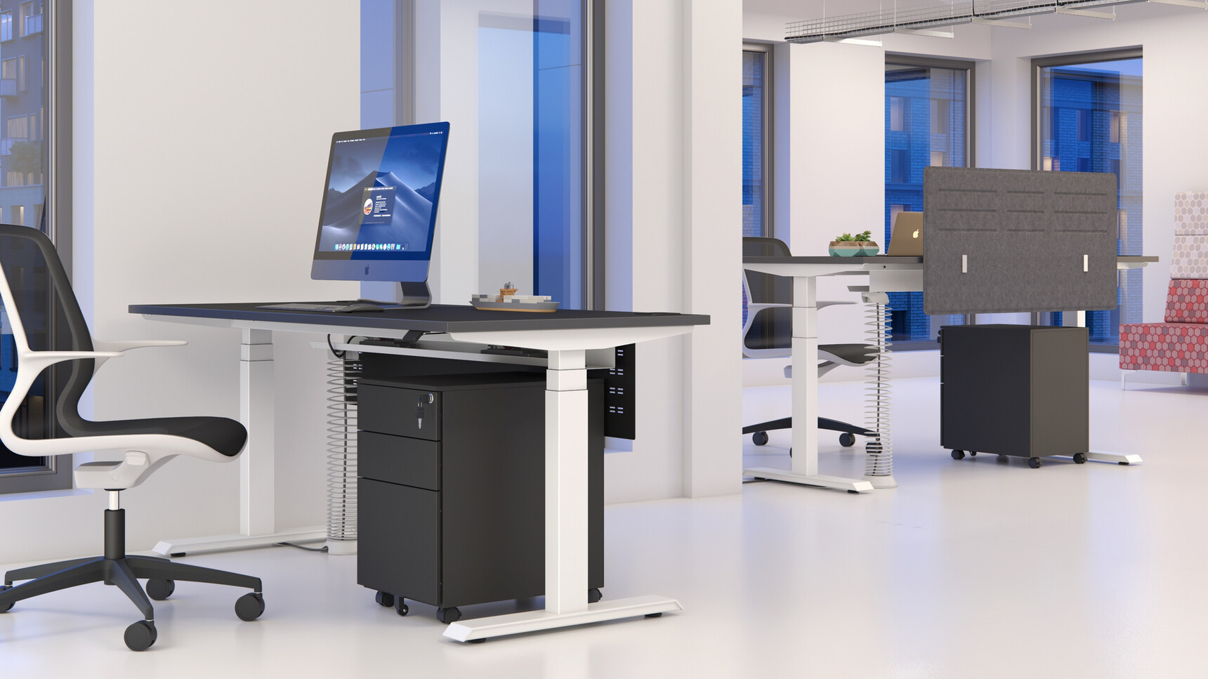 Two Elite Progress Plus Electric Height Adjustable Desks Black Top White Metal Leg Finish Grey Black Privacy Screen Modesty Screen Two Pedestals Two Vida Office Chairs