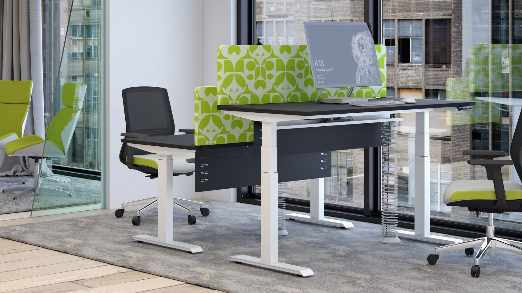 Two Elite Progress Plus Electric Height Adjustable Desks Black Top White Metal Leg Finish Green White Pattern Privacy Screens Black Modesty Screens Two Vida Mesh Back