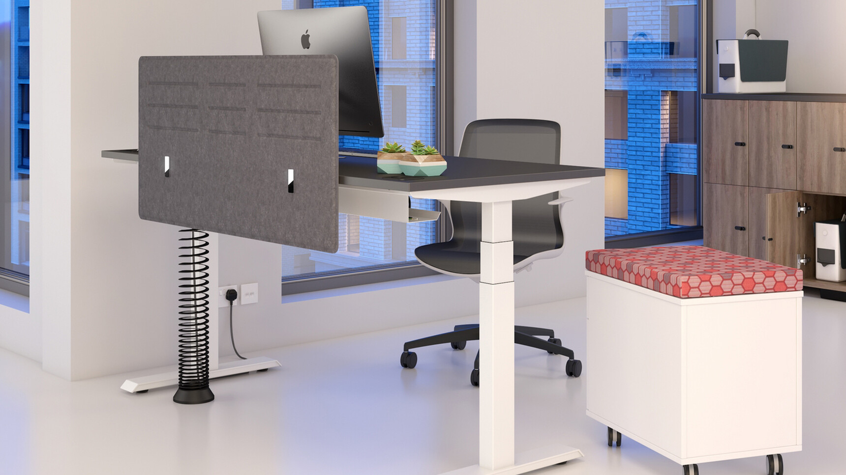 Elite Progress Plus Electric Height Adjustable Desk Black Top White Metal Leg Finish Grey Privacy Screen Pedestal Seat Pad Tempo Mesh Five Star Base