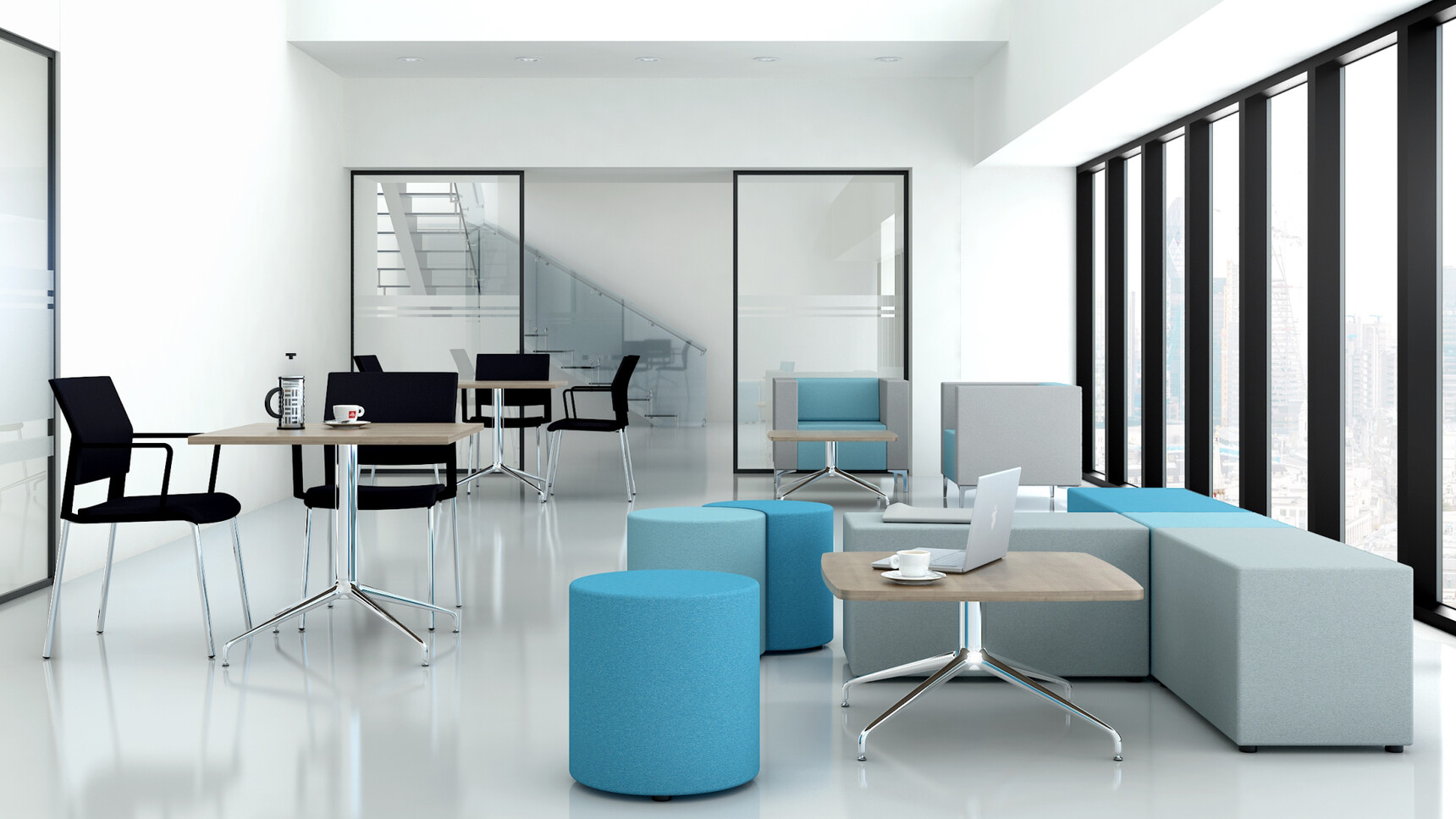 Four Elite Rio Square Meeting Tables With Wood Table Tops And Chrome Bases Two Of The Tables Are At A Low Height With Five Black Elite Chairs In Break Room Environment