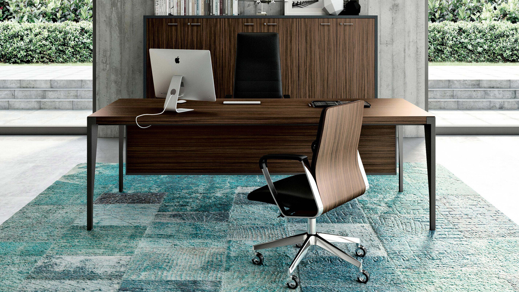 Quadrifoglio X9 Wood Veneer Desk Dark Wood Finish Modesty Panel Black Legs Directa Executive Highback Armchair Directa Executive Midback Armchair Black Upholstery Wood Back At Desk