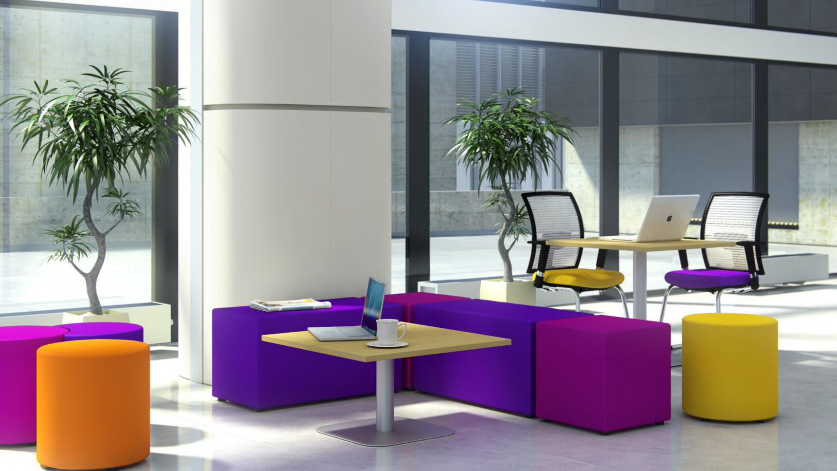 Elite Square Meeting Table with Square Base With Wood Finish And Silver Metal Leg Finish With Square Meeting Table In Wood Finish With Two Elite Office Chairs And Various Modular Sofa Units At Table