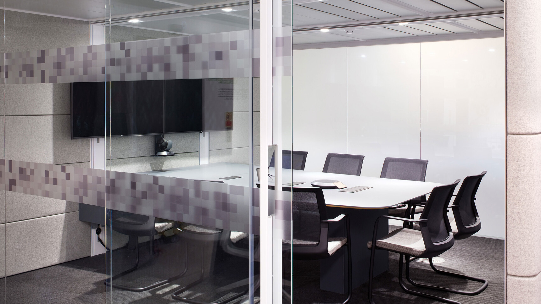 Orangebox Workday Cantilever Armchairs With Off White Seat Upholstery And Black Legs In Conference Room