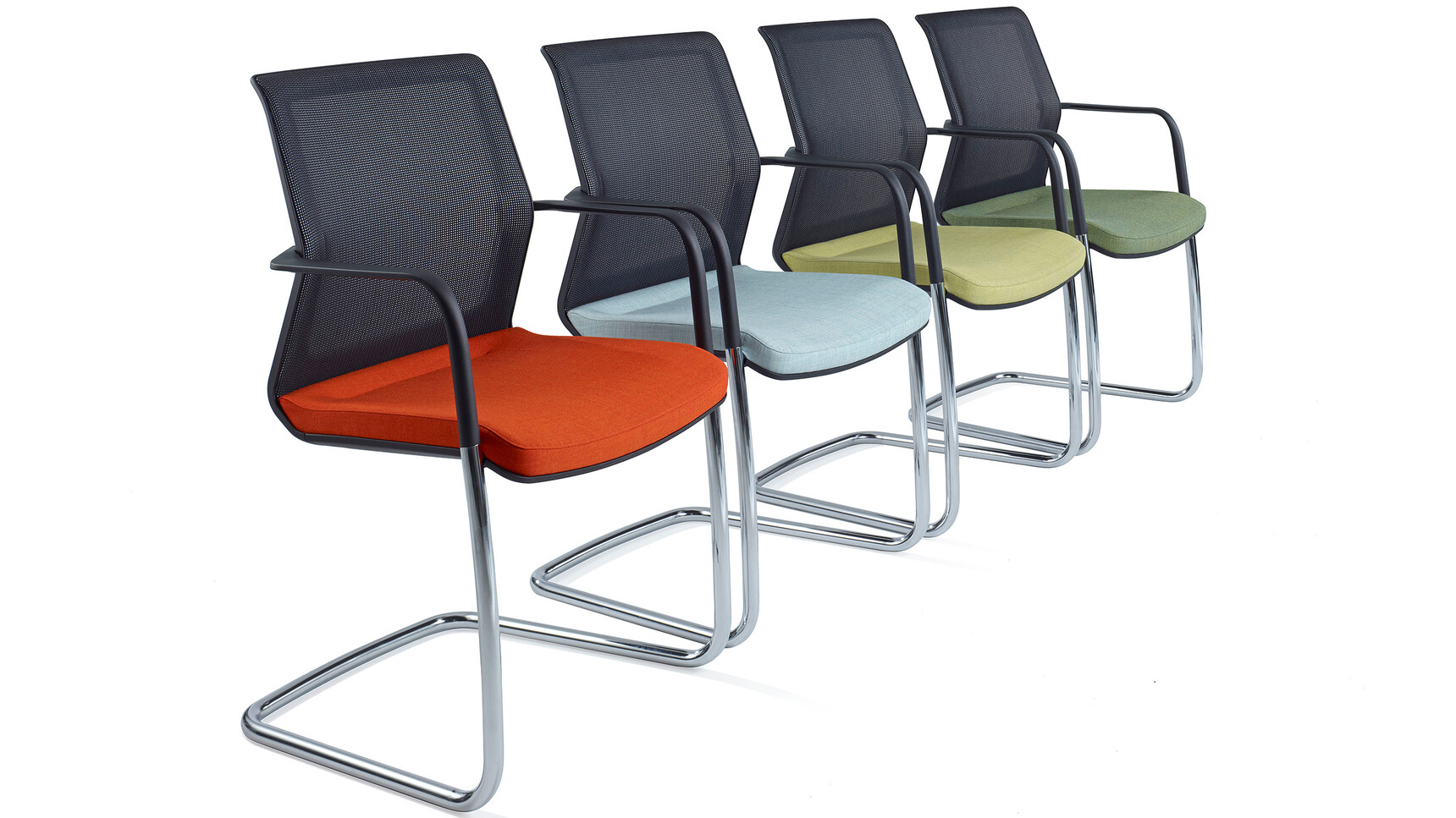 Orangebox Workday Cantilever Armchairs In Various Colours Lined Up With White Background
