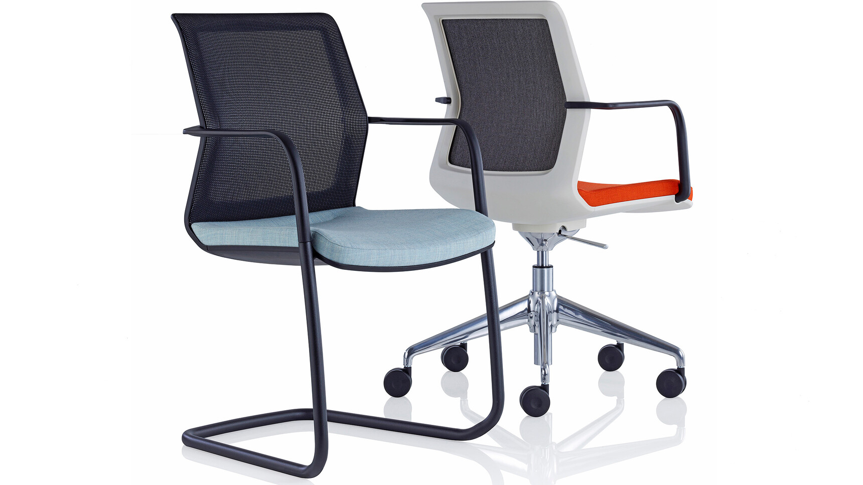 Orangebox Workday Lite Work Armchair With Orange Seat And White Backrest With Polished Base And Workday Cantilever With Blue Seat Upholstery And Black Frame On White Background