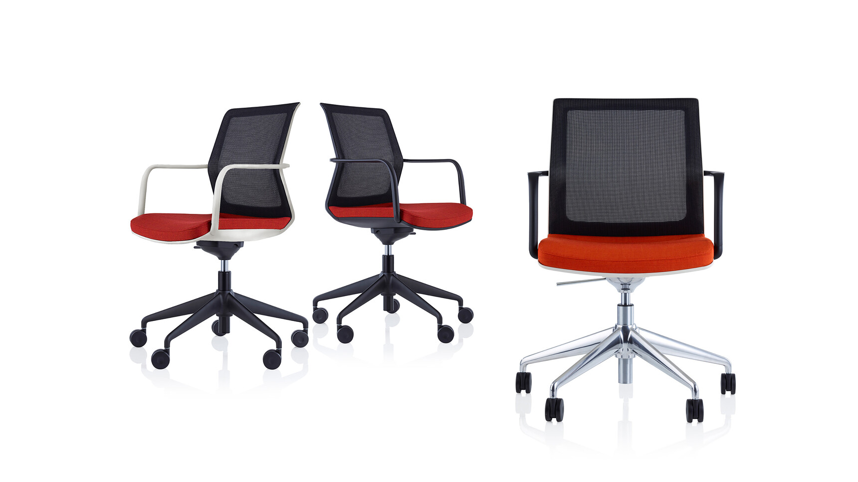 Orangebox Workday Lite Work Armchairs With Red Seats And Black And Polished Bases And White And Black Frames With White Background