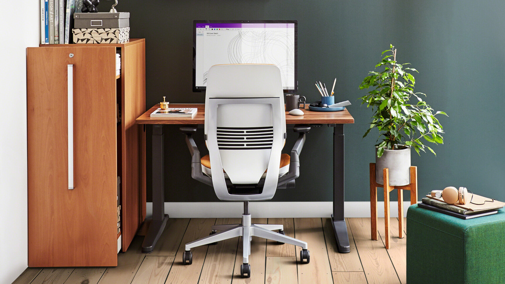 Steelcase Ology Height Adjustable Desk With Simple Touch With Wood And Black Leg In Home Office With Gesture Chair At Desk